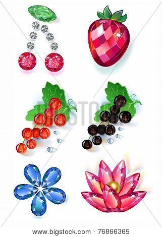 Fruit Flowers Colored Gems Brooches Set