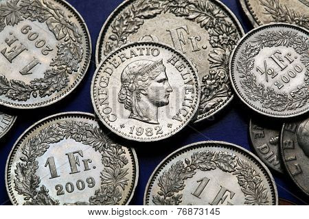 Coins of Switzerland. Libertas head depicted in the Swiss 10 rappen coin.