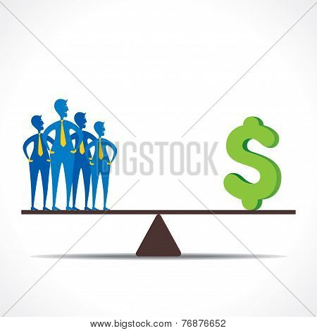 team and money on weighing concept
