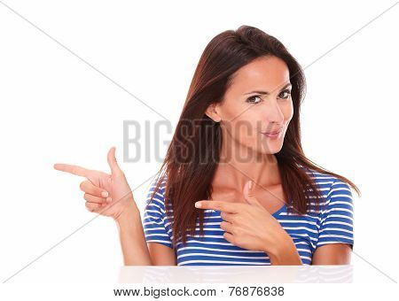 Pretty Single Woman Pointing To Her Right