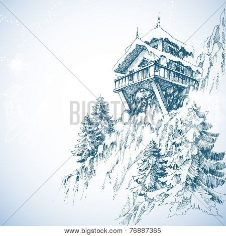 Mountain hut, pine tree forest, winter landscape