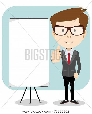 Vector illustration of a cartoon businessman holding blank message board.