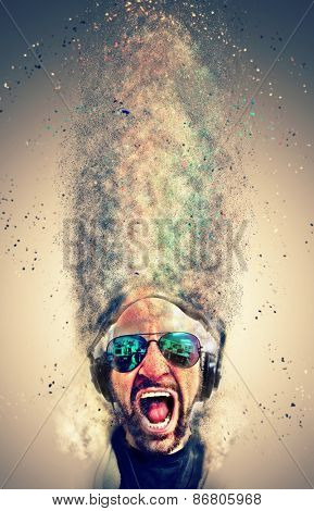 Crazy screaming disc jockey with headphones and a lot of explosion particles flying get over the air! Idea to use as background for party Flyers and club event music posters.