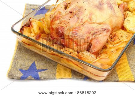 Fried Chicken In A Glass Baking Pan Closeup