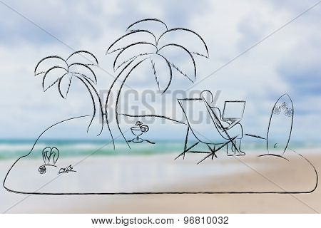 Man Working On His Laptop Remotely Connected From A Desert Island