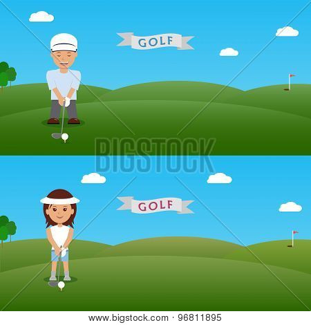 Set illustration man and woman golfer.