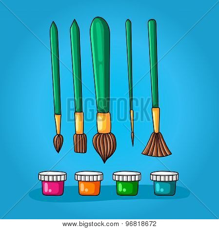 Color set of five different brushes for painting and four colors in small jars with lids
