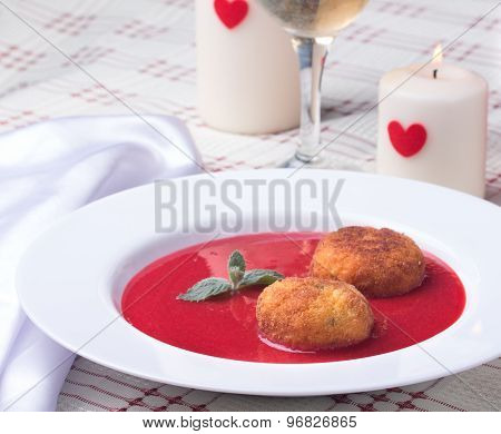 Strawberry Soup With Italian Fried Rice Balls Arancini.