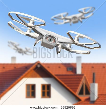 Spying eye over your city. Drone is new tool for aerial photo and video. Digital artwork fictional vehicles on UAV theme.