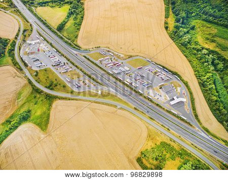 Aerial view of highway D5 gasoline station with parking nearby Pilsen, Czech republic, Central Europe. Transportation concept. 