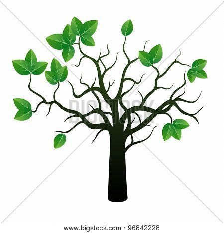 Tree And Green Leafs. Vector Image.