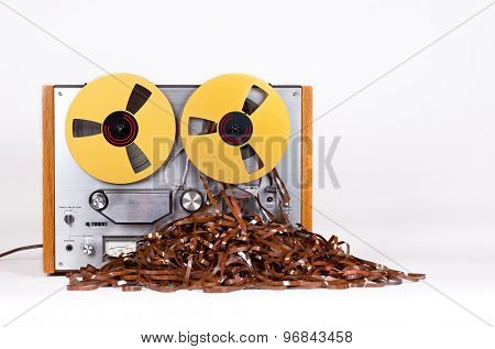 Open Reel Tape Deck Recorder Player with Messy Entangled Tape
