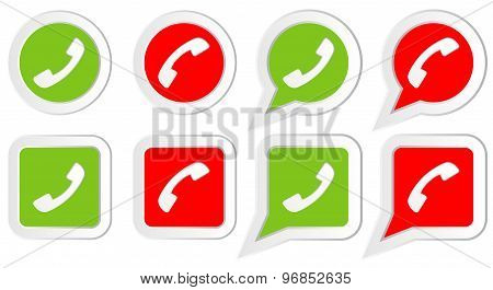 Set of Icons with phone handset in rounds, squares  and speech bubbles