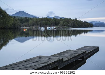 Calm Moody Evening Landscape Over Coniston Water In English Lake District