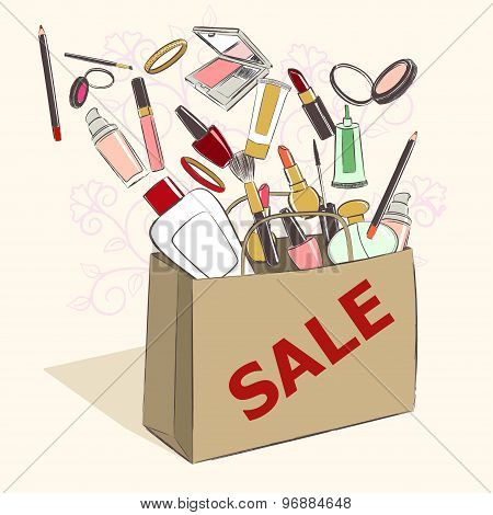 Paper Bag With Cosmetics Products For Makeup On Sale