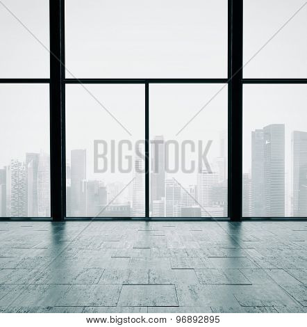 Panoramic windows and cocrete wall. 3d render