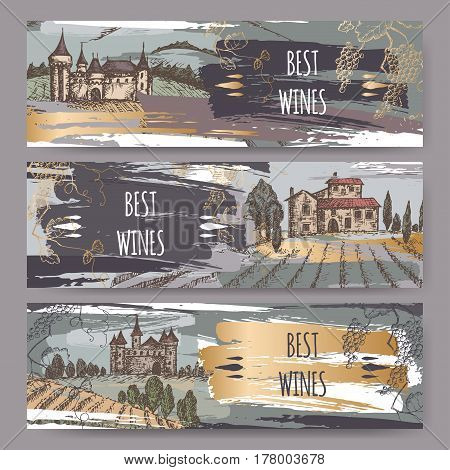 Set of three color original wine label templates with castles, vineyard landscapes and grapevine. Great for winery ads, banners, brochures, labels.