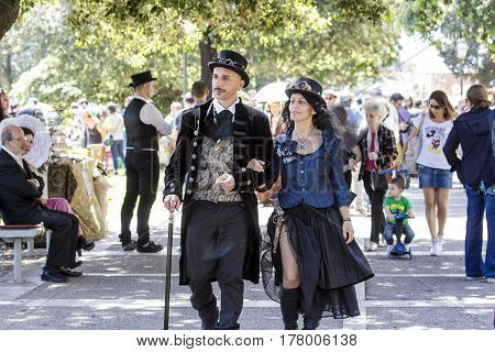 CAGLIARI, ITALY - May 29, 2016: Sunday at La Grande Jatte VIII Ed. At the Public Gardens - parade of costumes in Victorian style - Sardinia