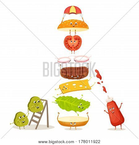 Burger with floating ingredient. Cute funny food character with happy face. Kids menu illustration. Bun, meat, tomato, cucumber, onion, sauce, cheese, lettuce. Delicious hamburger on white background