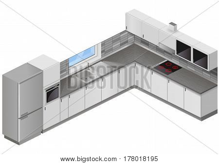 Modern white kitchen in isometric projection. Design scheme of interior furniture. Vector graphics