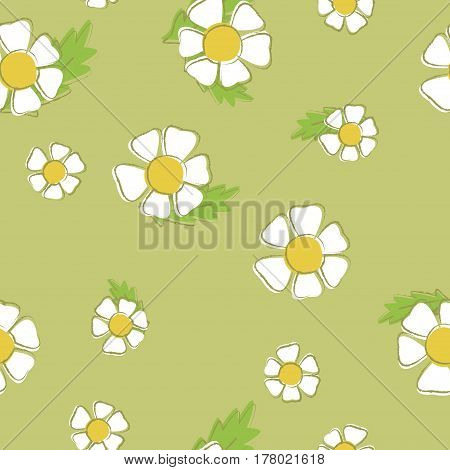 Vector background of chamomiles. Seamless pattern of white flowers on a green background. Suitable for printing on clothing and bedding