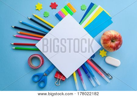 Square Frame. Stationery On The Blue Background.
