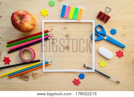 Square Frame With Stationery Flat Lay On Wood Background