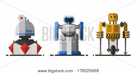 Cute vintage robot technology machine future science toy and cyborg futuristic design robotic element icon character vector illustration. Cartoon space retro android graphic mechanical monster.