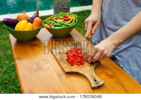 Culinary Workshop. Vegetable Salad With Own Hands In The Courtyard Of A Private House.