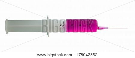 Isolated syringe with needle with purple liquid on white background