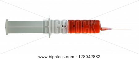 Isolated syringe with needle with red liquid on white background