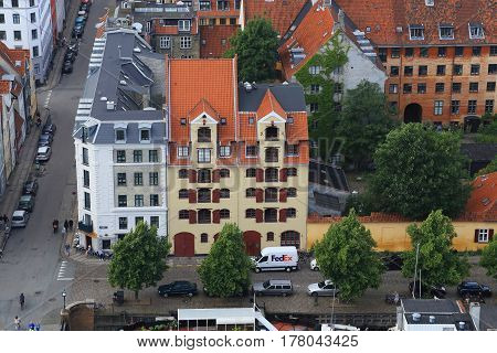 COPENHAGEN, DENMARK - JUNE 29, 2016: It is an aerial view of the historic buildigs of district Christianshavn.