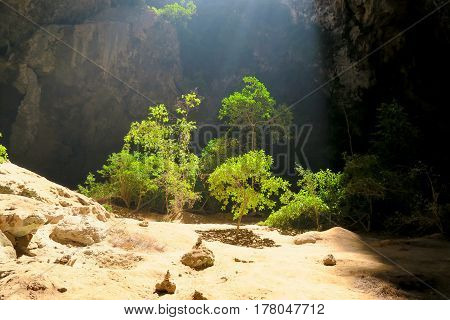 Light entering through an opening in the Phraya Nakhon cave Thailand