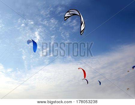 Many big colorful sport kites flying high in bright blue sky on sunny day