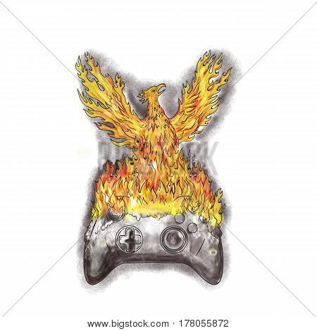 Tattoo style illustration of a phoenix with wings raised for flight rising over burning game controller set on isolated white background.