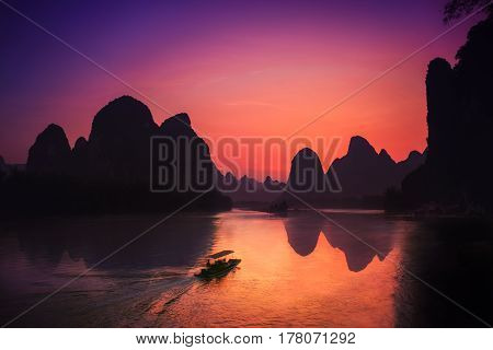 This shot was taken near Yangshuo China during the sunset period.