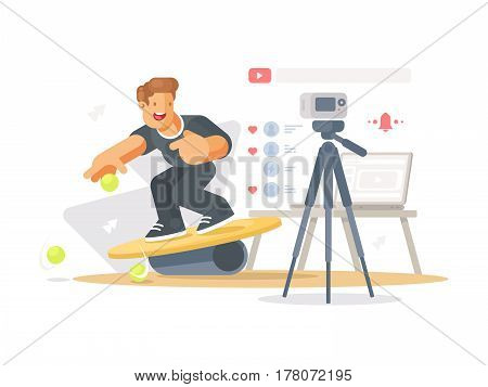 Blogger makes video clip. Guy shoots himself camera. Vector illustration