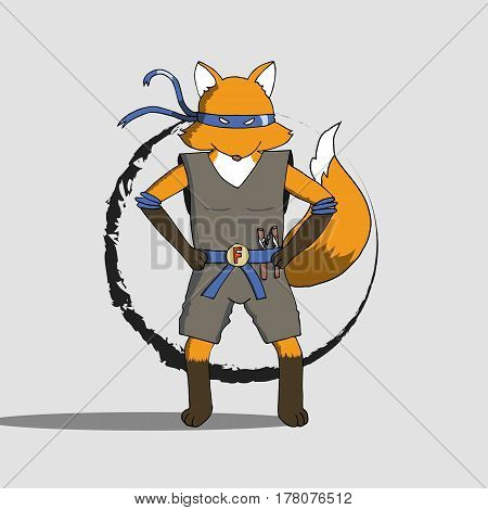 Fox wearing ninja costume with nunchuck cartoon illustration