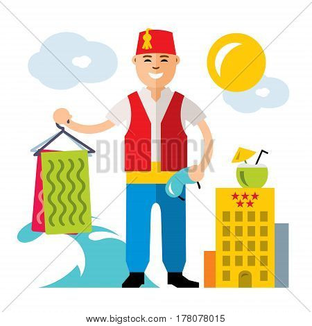 Turk with fresh towels. Isolated on a white background