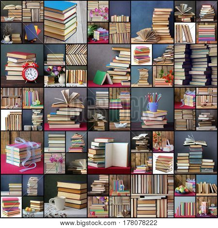 Collage from pictures with books. Background from books. Books close up. Books on the shelf. Still life with books.