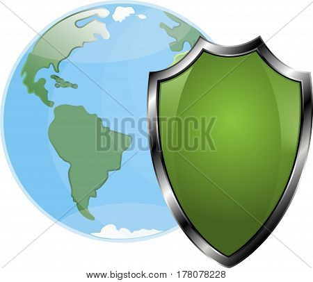 Shield shielding the globe, vector, white background, ecology protection