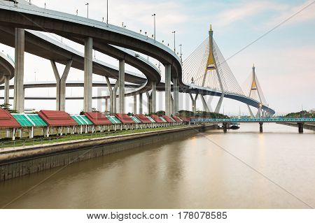 Twin suspension bridge river front Bangkok city landmark Thailand