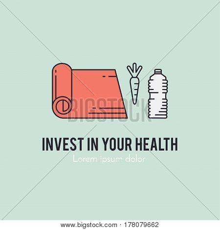 Design concept with thin line icons of healthy living lifestyle, food and fitness training elements. Outline logo template isolated on color background.