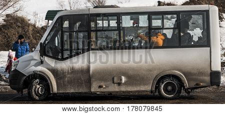Kazakhstan, Ust-Kamenogorsk, march 12, 2017: Shuttle bus at the bus stop, public transport, mini bus