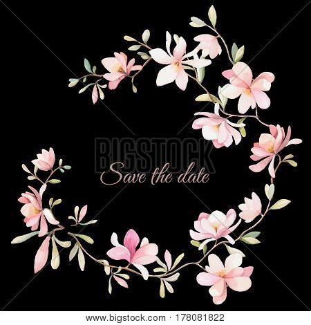 wreath of flowers in watercolor style with black background