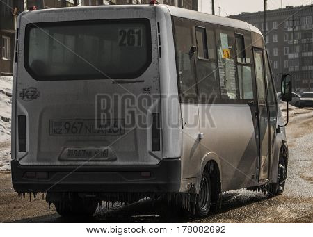 Kazakhstan, Ust-Kamenogorsk, march 12, 2017: The minibus is on the street, public transport, mini bus