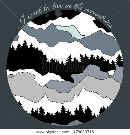 mountains in round frame, vector illustration in gray-blue color