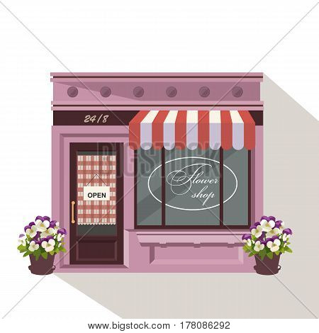 Illustration Of A Flowers Shop. Little Cute Retro House And Store, Boutique With Green Awning. Flora