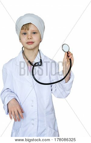 A Child, A Girl In A Lab Coat, White, With A Stethoscope.