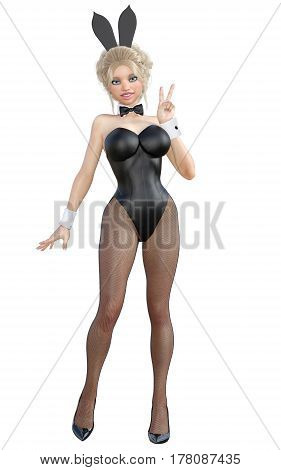 Bunny Girl. Sexy woman long legs in black fishnet tights. Black swimsuit and shoes. Conceptual fashion art. Green  eyes. Seductive candid pose. Photorealistic 3D render illustration. Isolate. Studio.